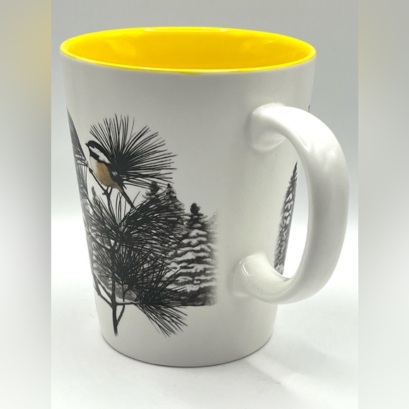 The Cornell Lab Black Chickadee Bird Pine Tree White Yellow Coffee Tea Mug 16 oz - Picture 9 of 11